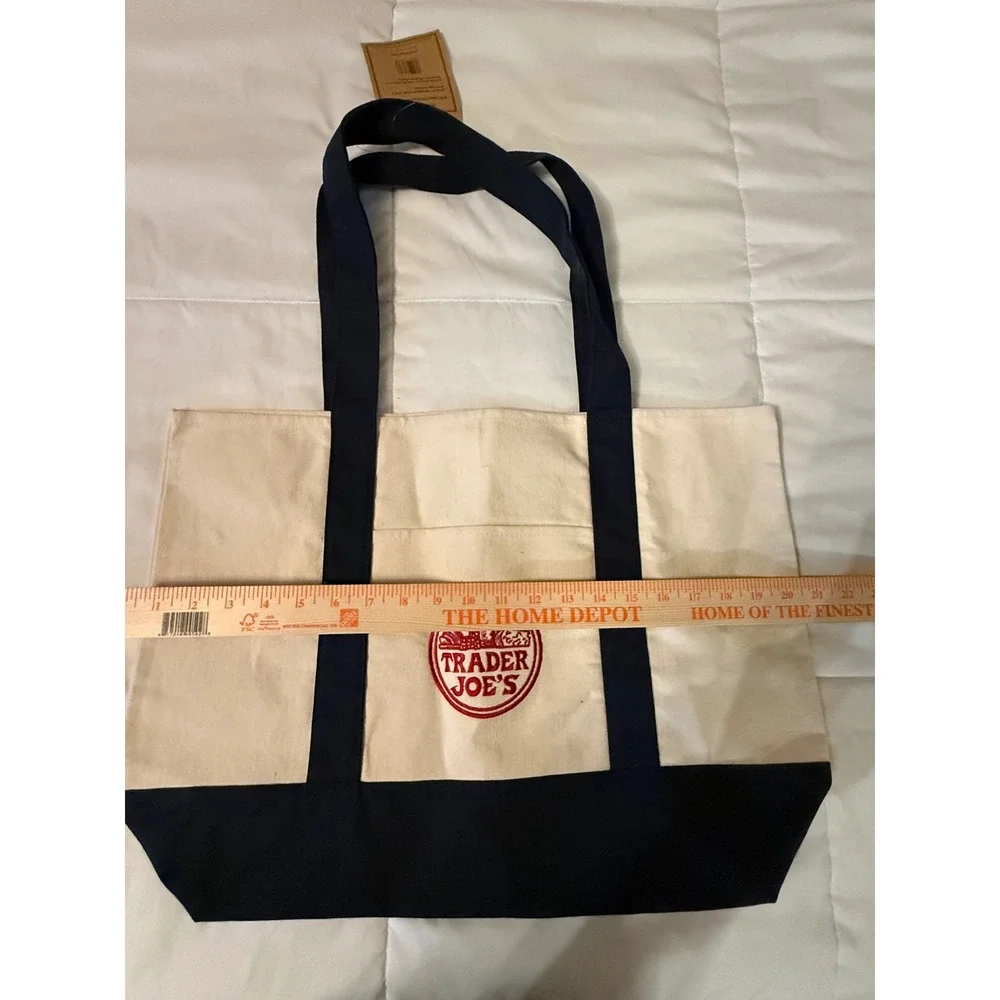 Trader Joe's Reusable Canvas Tote Bag Navy Blue Cream Embroidered Logo NWT